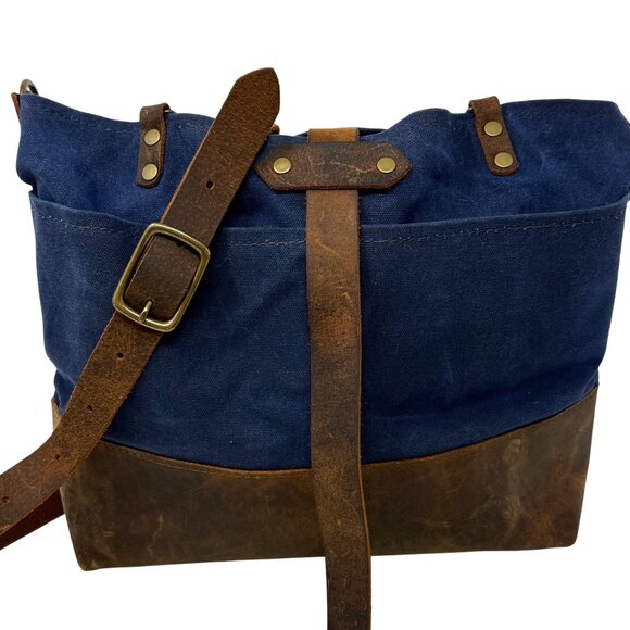 In Blue Artisan Made ML Waxed Navy Canvas & Leather Tote Bag Medium Size USA - Picture 1 of 14